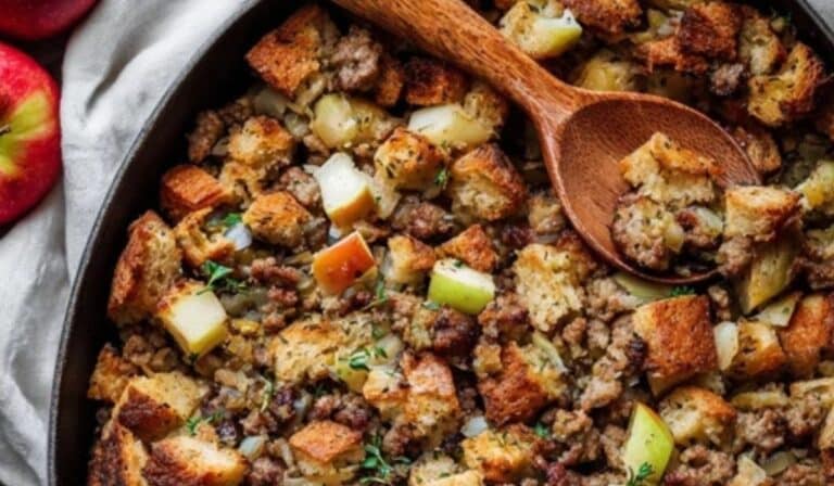 Sausage & Herb Stuffing with Apples in skillet