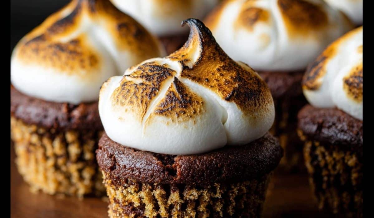 S’mores Brownie Cupcakes on rustic table