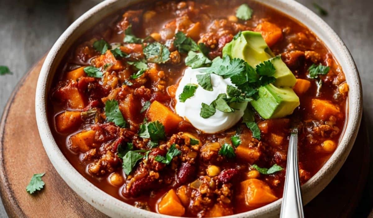 Turkey Sweet Potato Chili in a rustic bowl with garnishes