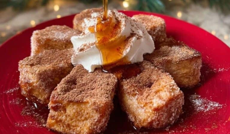 Eggnog French Toast Bites served on festive breakfast table