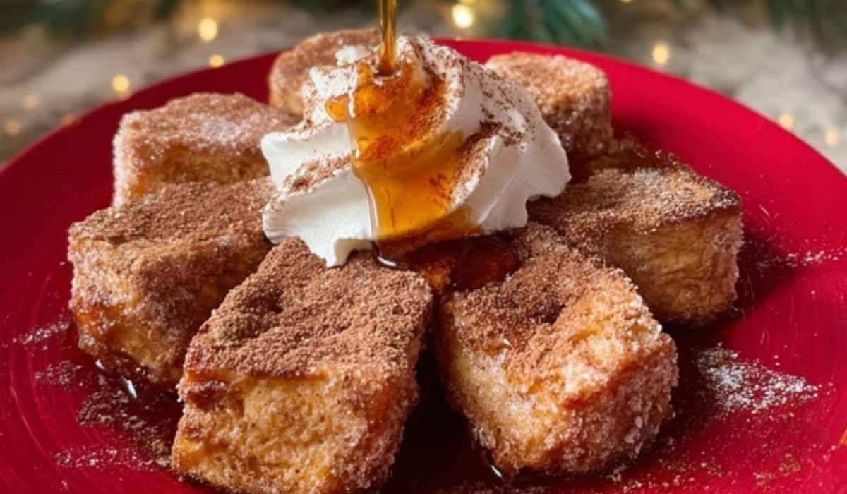 Eggnog French Toast Bites served on festive breakfast table