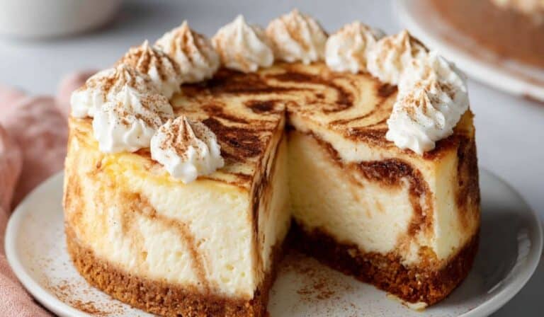 Cinnamon Swirl Cheesecake slice with cinnamon swirl and graham crust
