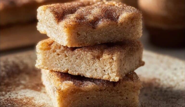 Easy Cinnamon Sugar Blondies on wooden table