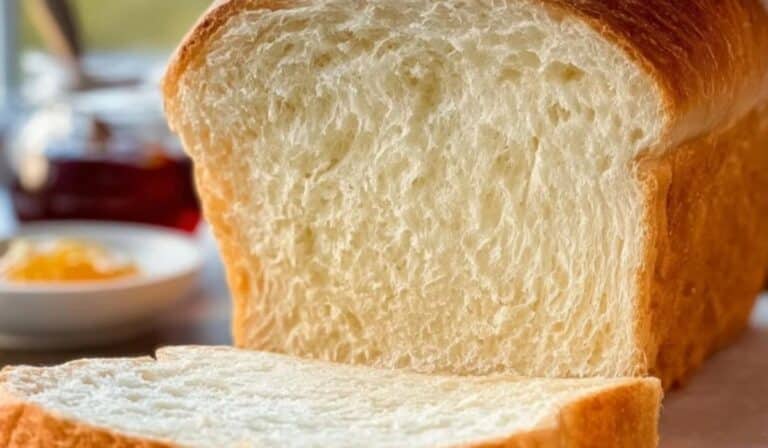 Soft Amish White Bread sliced loaf on rustic table
