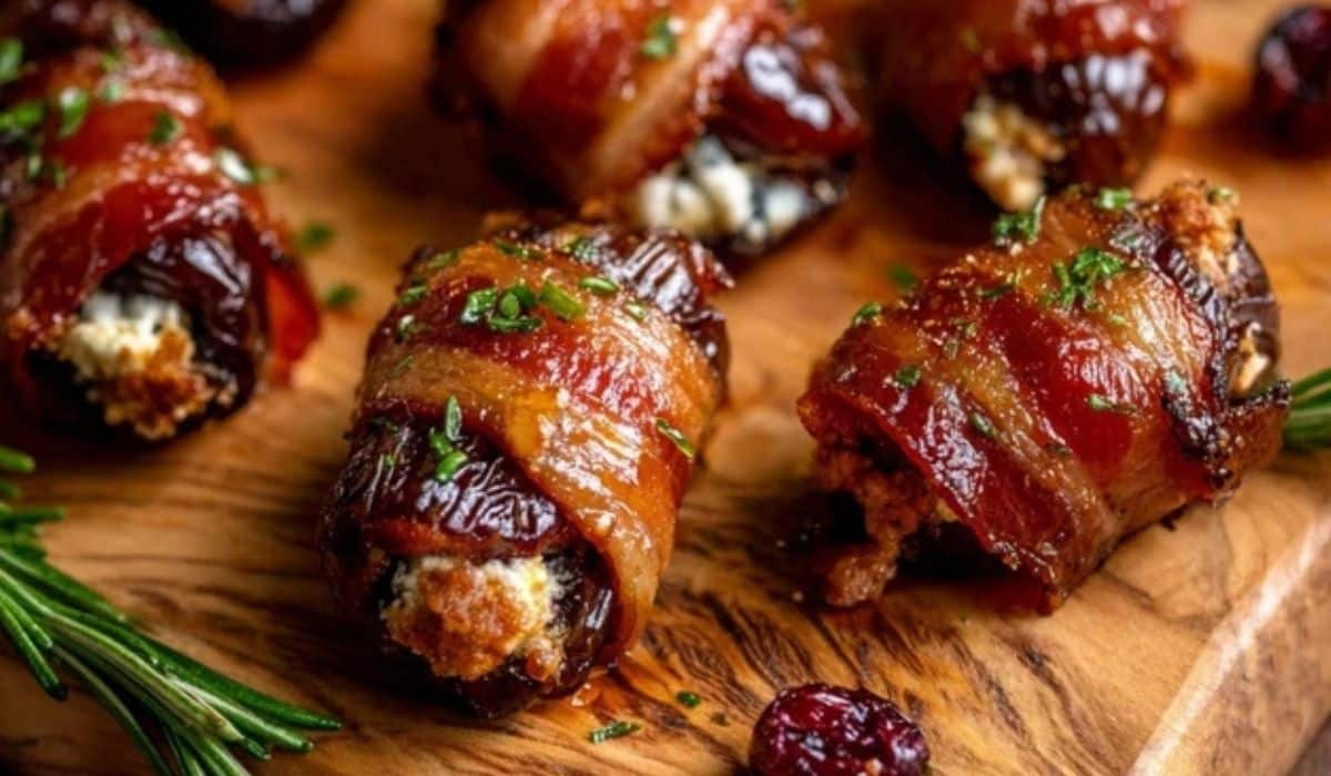 Bacon Wrapped Dates with Goat Cheese on a rustic holiday platter