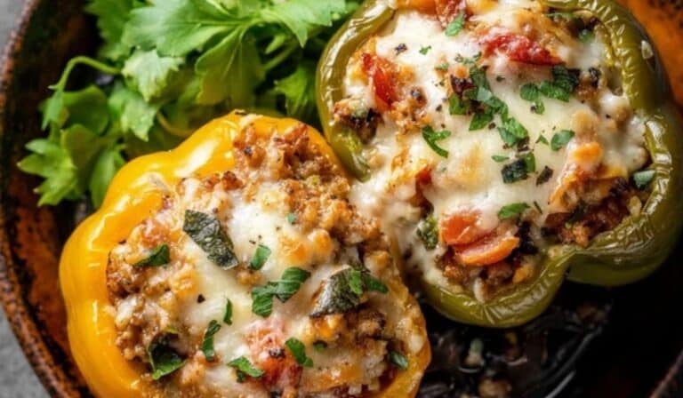 sausage stuffed peppers in cast iron skillet
