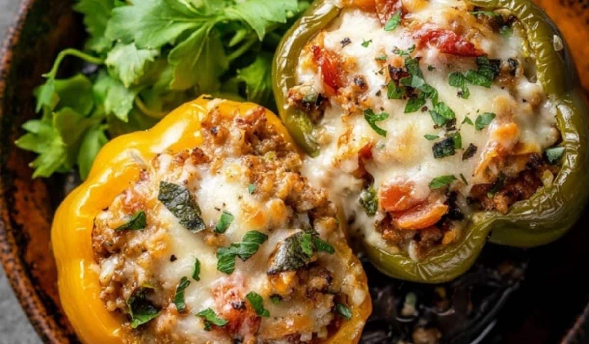 sausage stuffed peppers in cast iron skillet