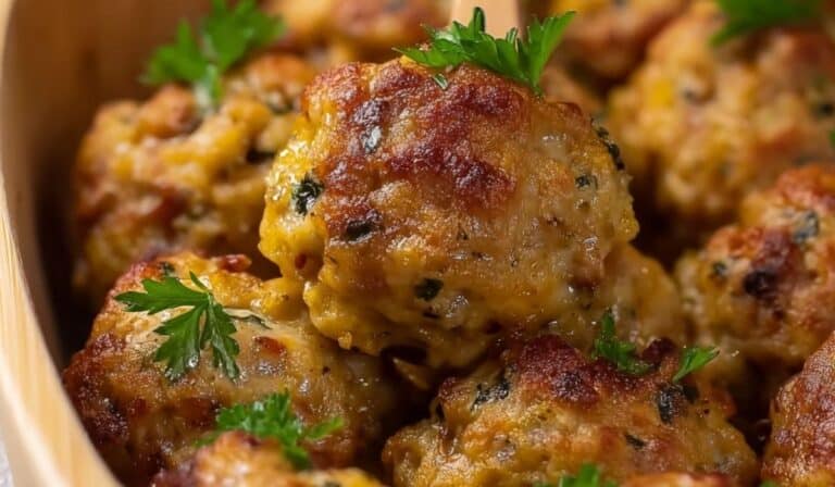 Stuffing Sausage Balls served on a wooden tray