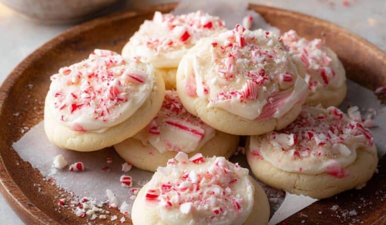 Peppermint Meltaway Cookies on rustic plate with holiday decor