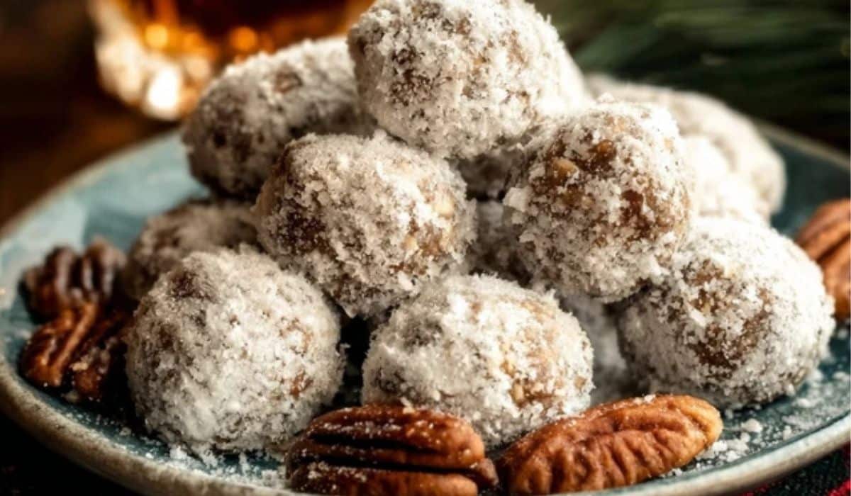 Old Fashioned Bourbon Balls on rustic wooden table