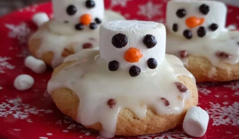 Melted Snowman Biscuits on rustic winter table