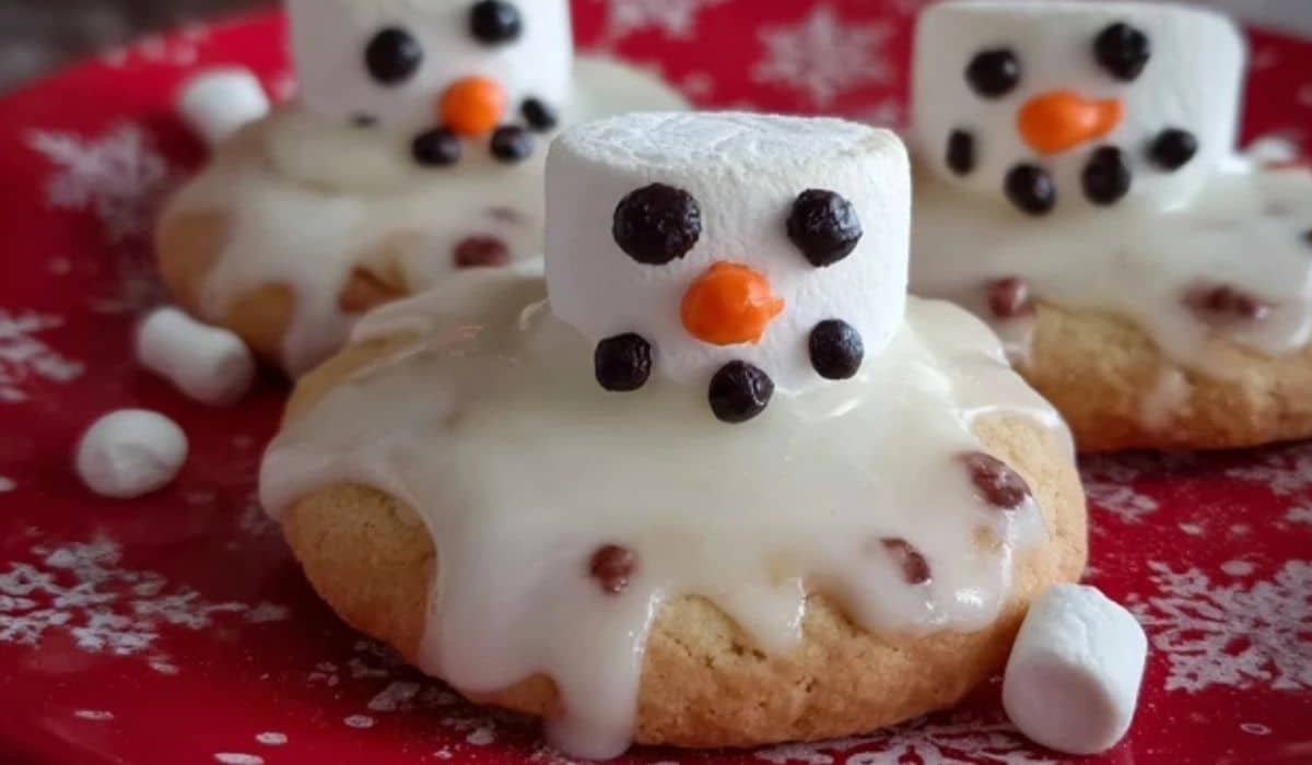 Melted Snowman Biscuits on rustic winter table