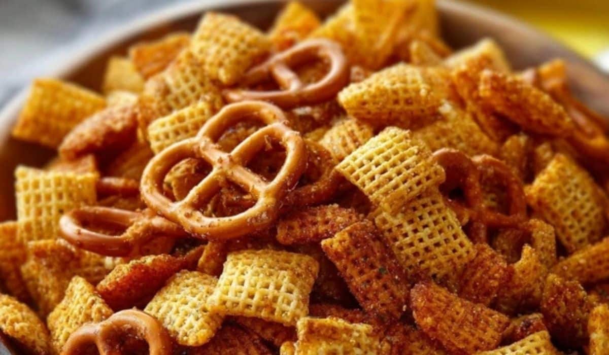 Irresistible Ranch Chex Mix in a rustic bowl