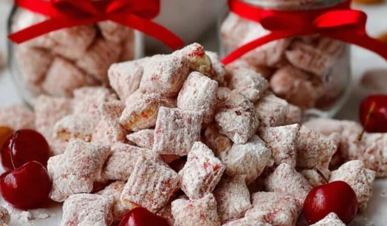 Cherry Cheesecake Puppy Chow in glass bowl dusted with powdered sugar