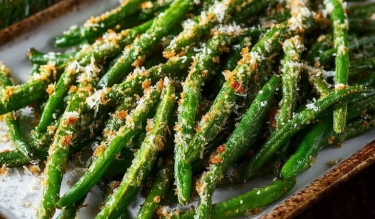 Crispy Oven Baked Green Beans with Parmesan on baking sheet