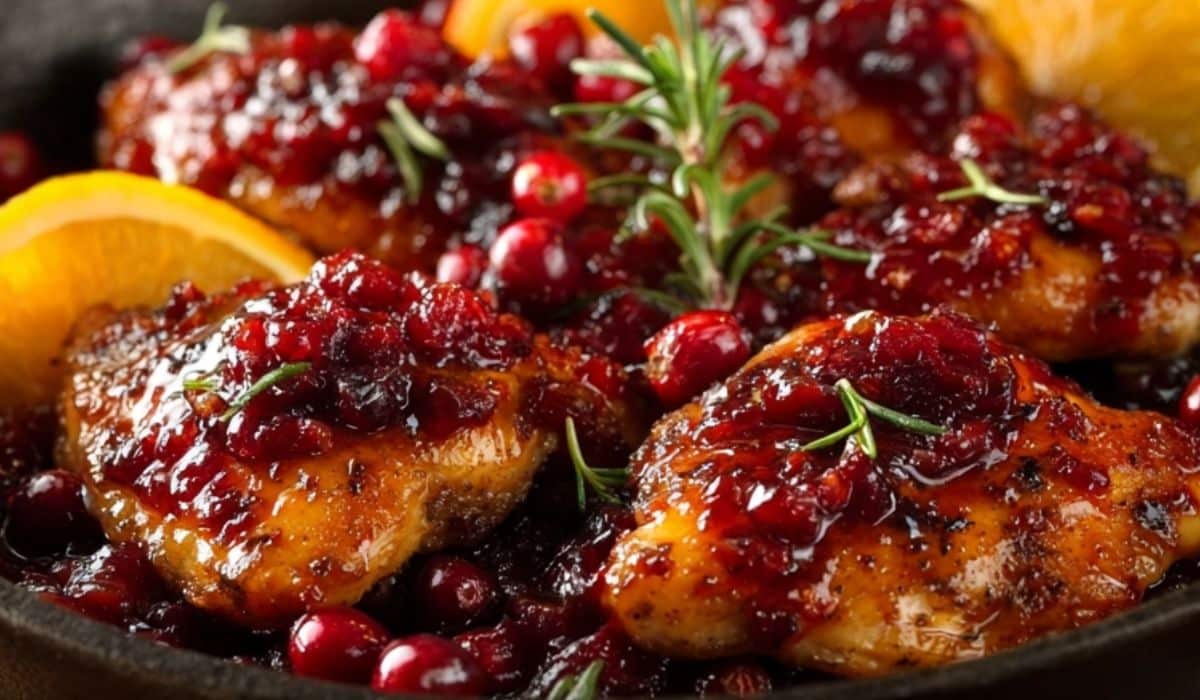 Skillet Cranberry Orange Chicken in cast-iron skillet with orange glaze