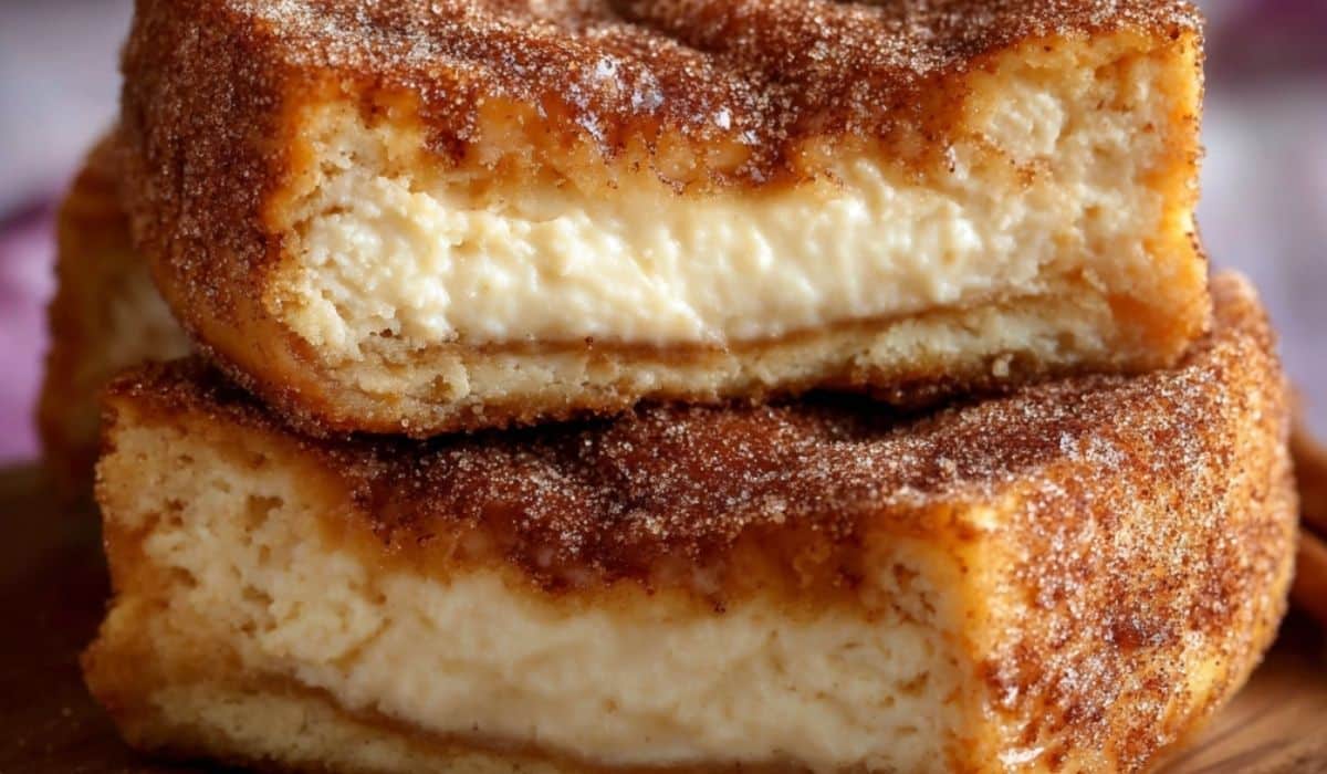 simple churro cheesecake slice on wooden table