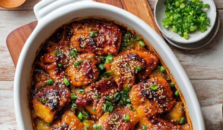 Baked Pineapple Teriyaki Chicken in a ceramic dish