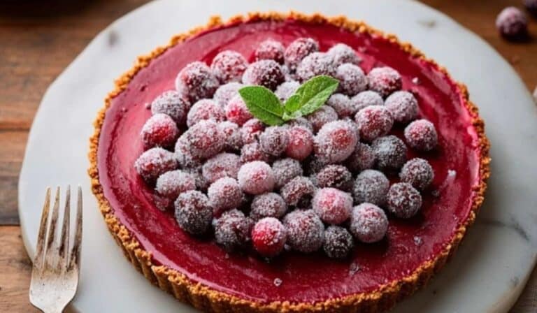Cranberry Curd Tart garnished with sugared cranberries