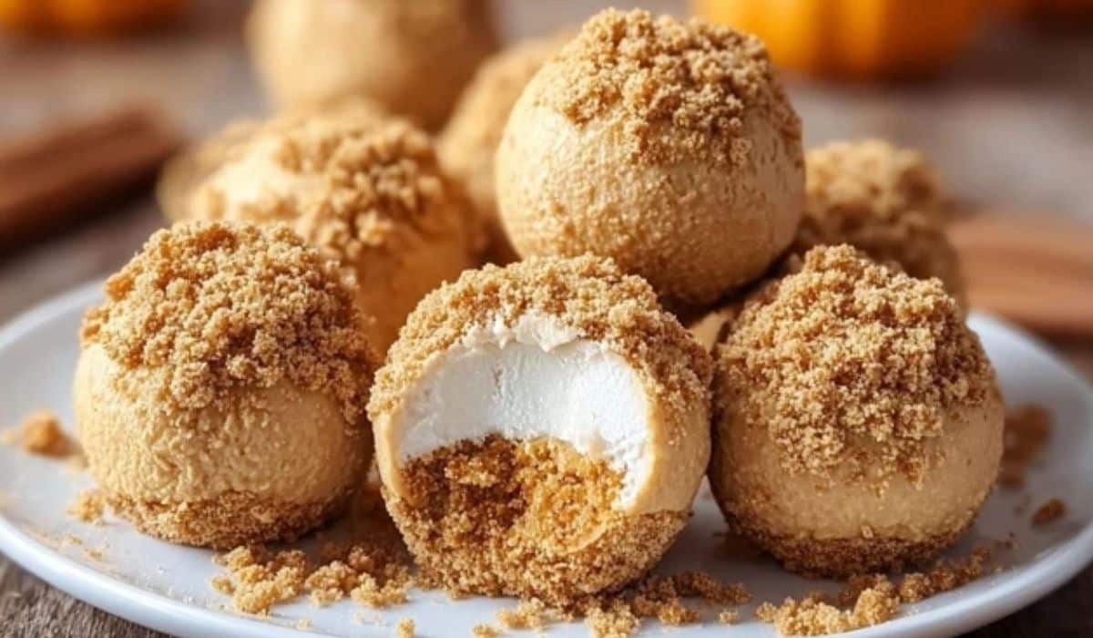 No Bake Pumpkin Cheesecake Balls on rustic table
