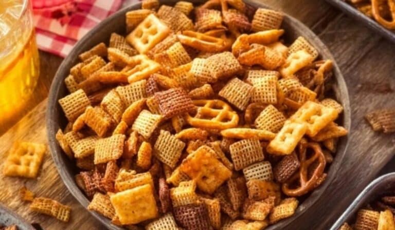 Easy Homemade Chex Mix in rustic kitchen setting