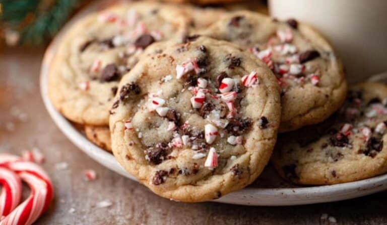 Peppermint Chocolate Chip Cookies stacked with crushed candy canes