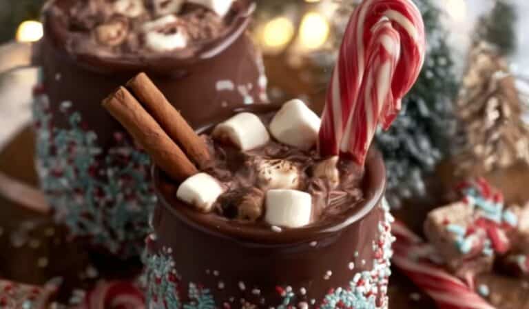 Christmas Chocolate Hot Cups served with candy canes and whipped cream