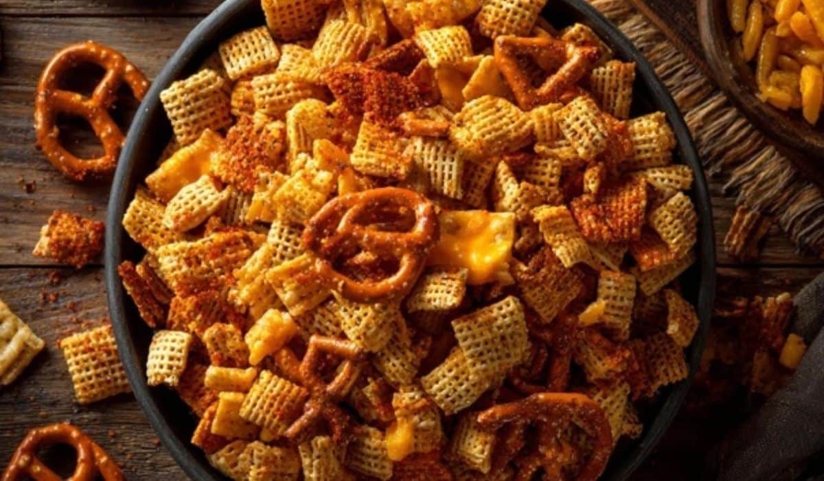 Cheesy Ranch Chex Mix in rustic bowl
