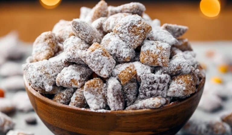Peanut Butter Puppy Chow in wooden bowl with powdered sugar