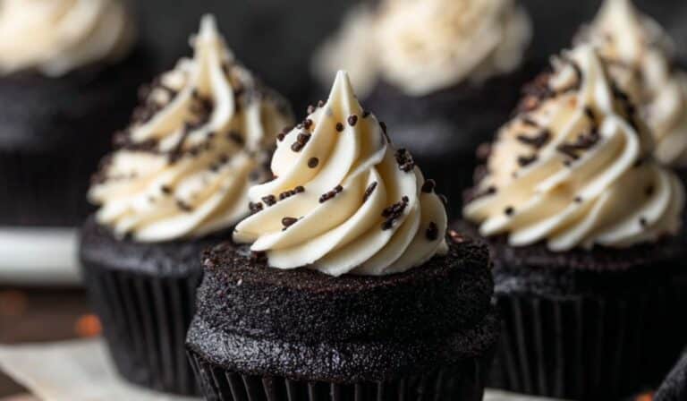 black velvet cupcakes on rustic table