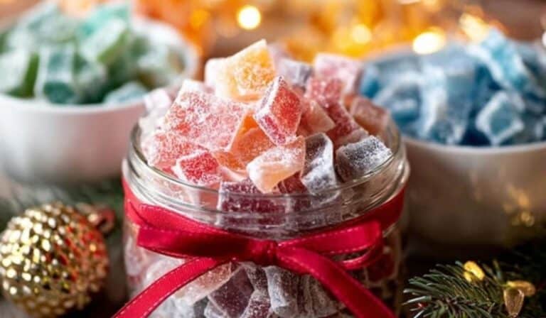 Hard Tack Candy colorful holiday glass candy on rustic table