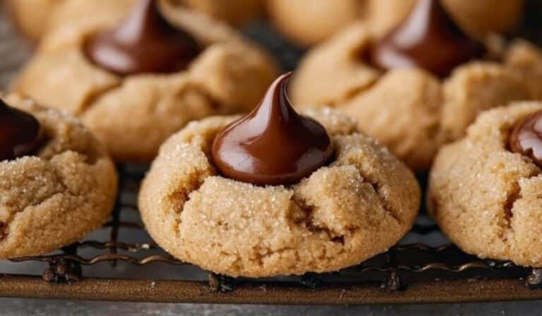 Classic Peanut Butter Blossoms cooling on rack with chocolate kisses