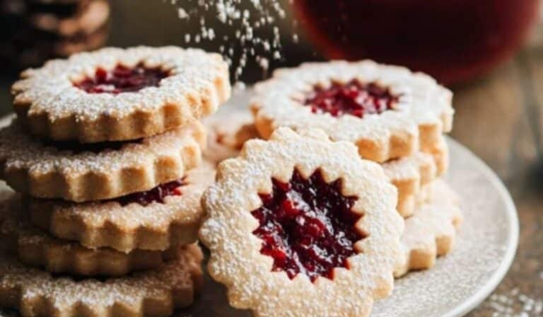 Raspberry Linzer Cookies on cooling rack with powdered sugar