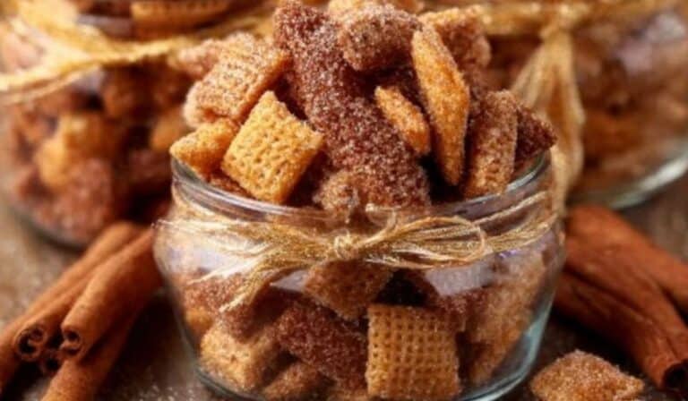 Sweet Churro Chex Mix bowl coated with cinnamon sugar
