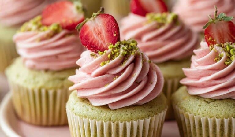 Pistachio Cupcakes with Strawberry Buttercream