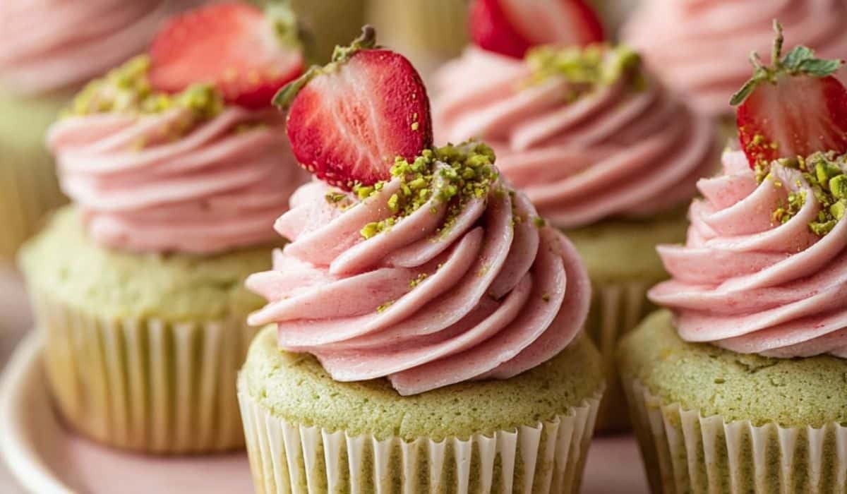Pistachio Cupcakes with Strawberry Buttercream