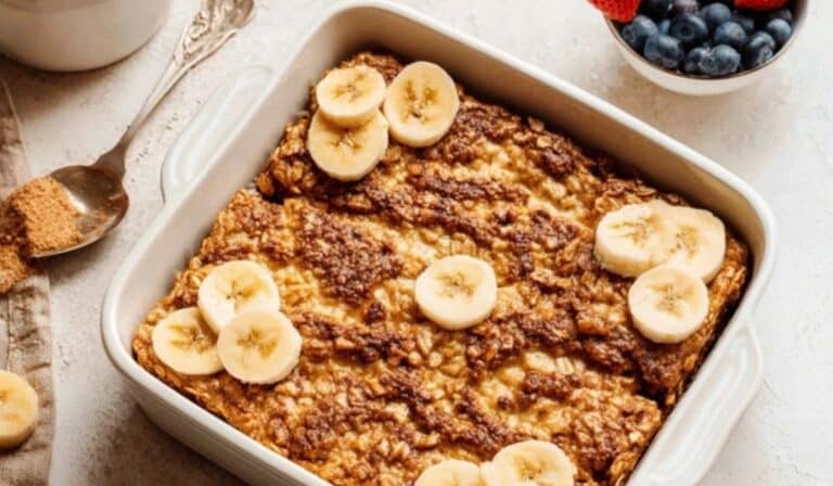 Banana Baked Oatmeal in ceramic dish on rustic table