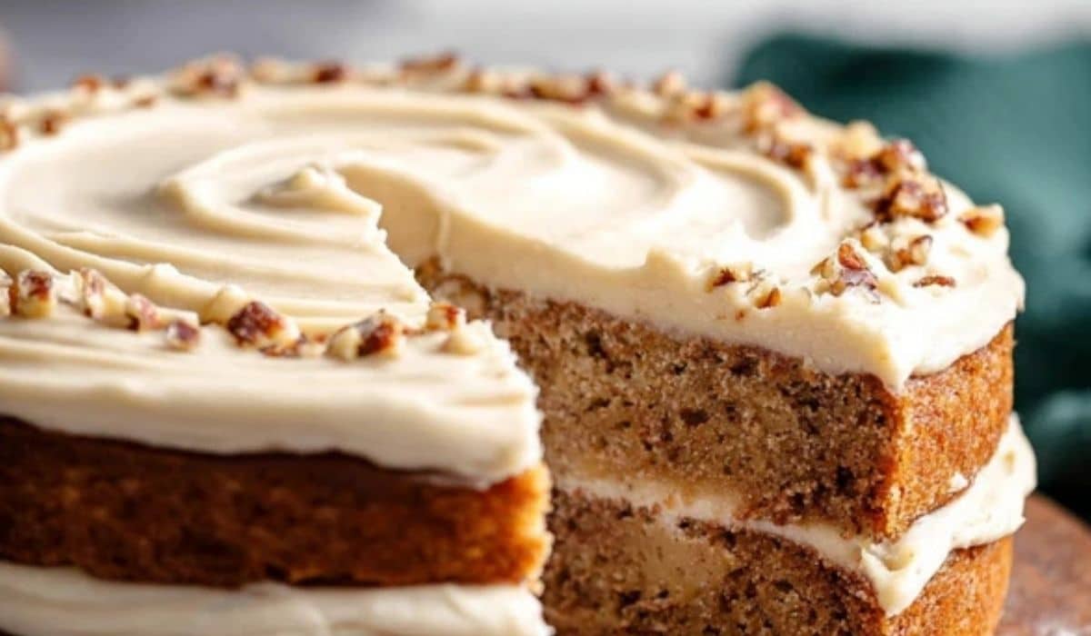 Banana Cake with Brown Butter Cream Cheese Frosting on table