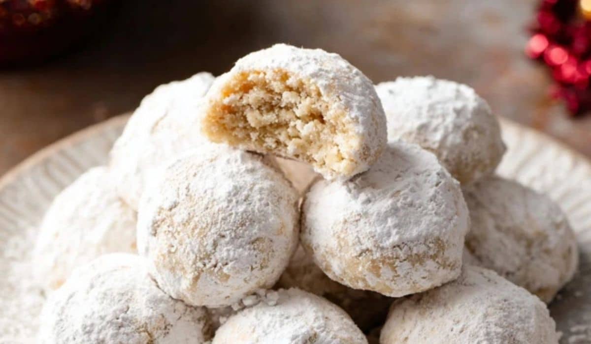 Snowball Cookies on a rustic holiday table