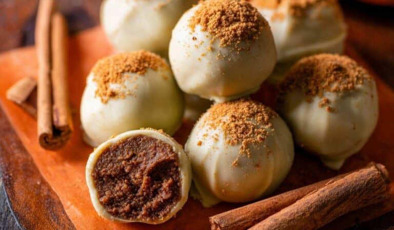 Pumpkin Spice Truffles arranged with cinnamon and pumpkin