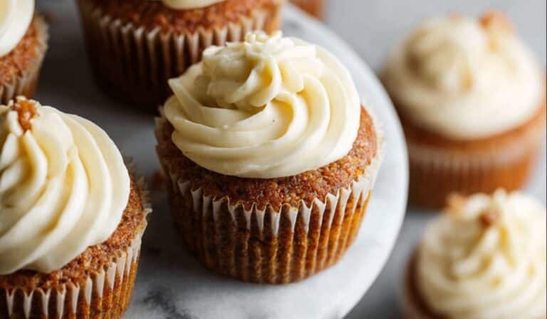 Carrot cake cupcakes on rustic table