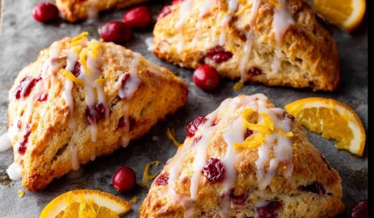 Glazed cranberry orange scones with citrus glaze