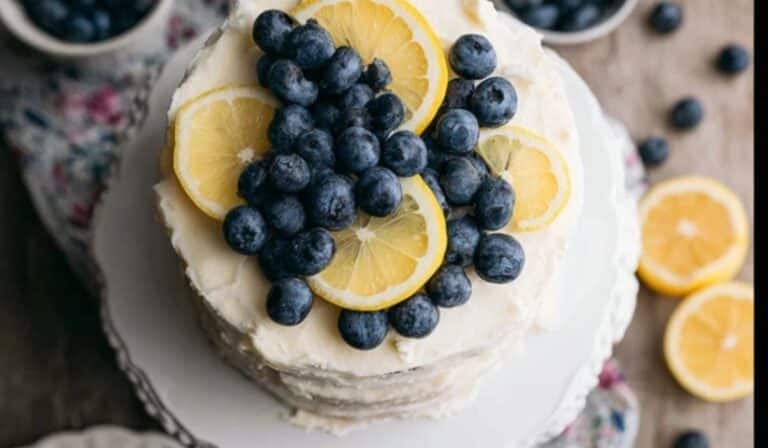 Lemon Blueberry Layer Cake with lemon slices and blueberries