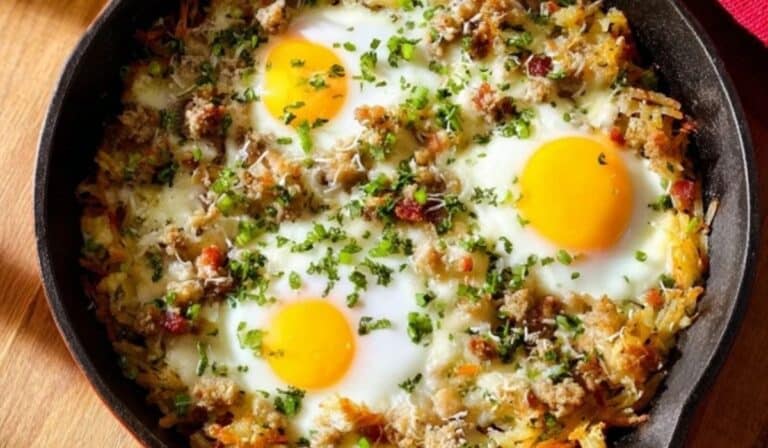 Crispy Hash Brown Breakfast Skillet in cast iron pan