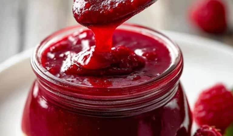 Raspberry dessert sauce poured on cheesecake