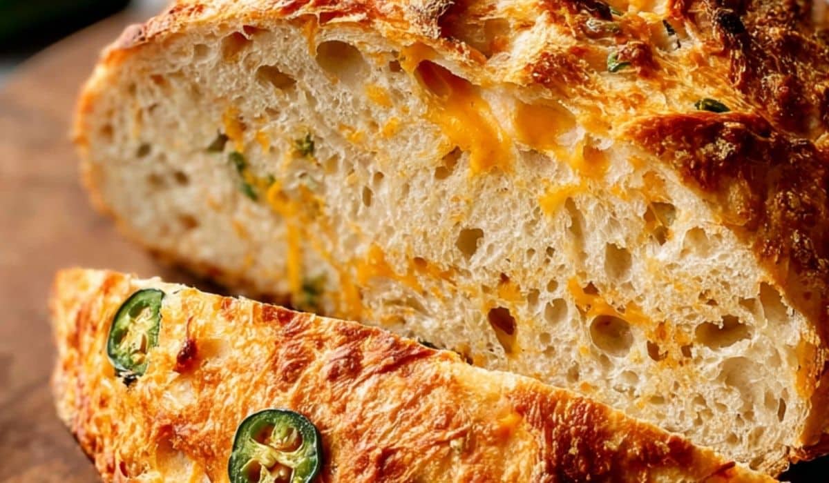 No Knead Jalapeño Cheddar Bread on wooden board