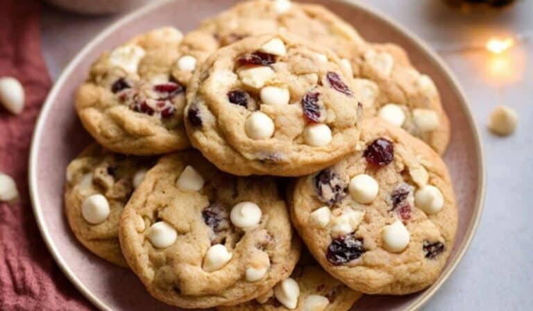 soft white chocolate chip cranberry cookies on holiday tray