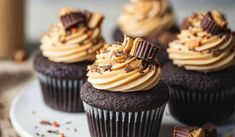 Dark Chocolate Cupcakes with Creamy Peanut Butter Frosting