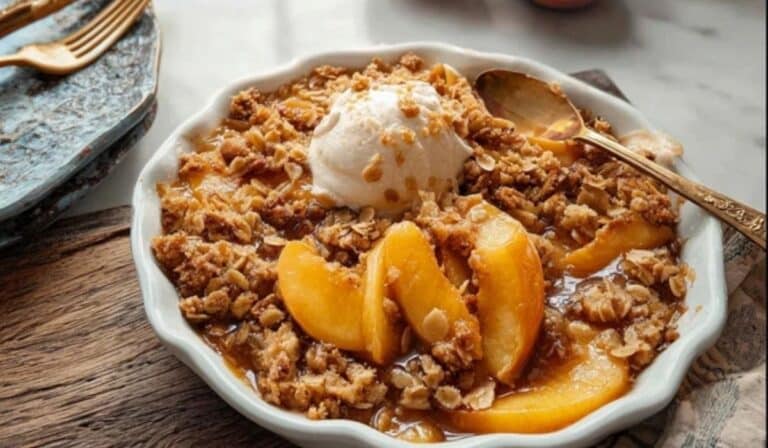 Peach Crisp in rustic kitchen with bubbling golden topping