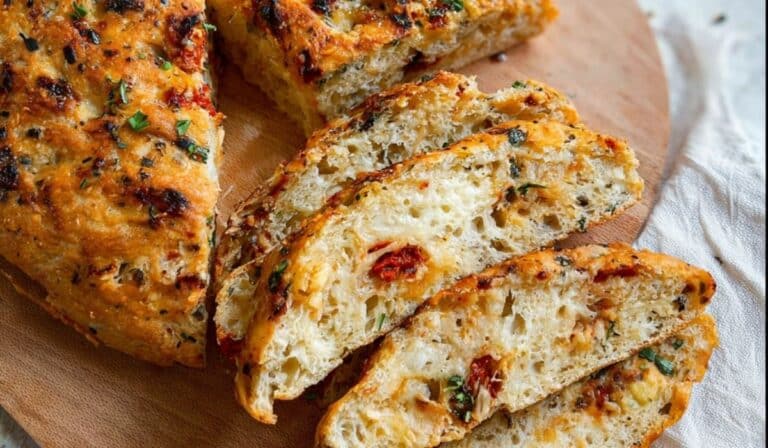 No-Knead Pizza Bread with melted cheese on wooden board